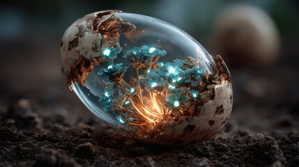 Emerging life from a glowing egg enchanted forest digital art mystical close-up nature's wonders