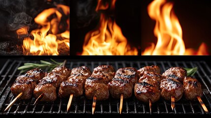 Grilled Meat Skewers with BBQ Flames.