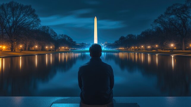 A person sits by the reflecting pool at night, gazing at the washington monument. - Powered by Adobe