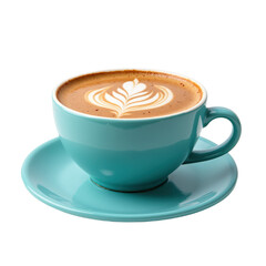 Creamy latte art in a turquoise mug on a matching saucer, highlighting artisan coffee culture..