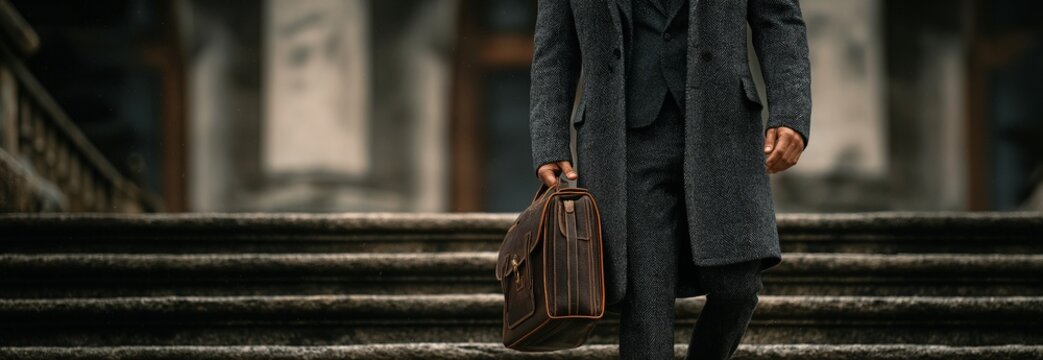 A wealthy businessman strolling outside with a briefcase in a suit