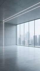 Modern minimalist interior with large windows overlooking a cityscape