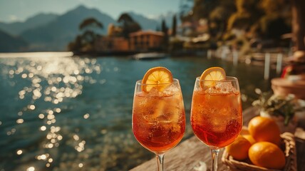 Against the backdrop of a lake and mountains, two glasses of aperol spritz cocktail.