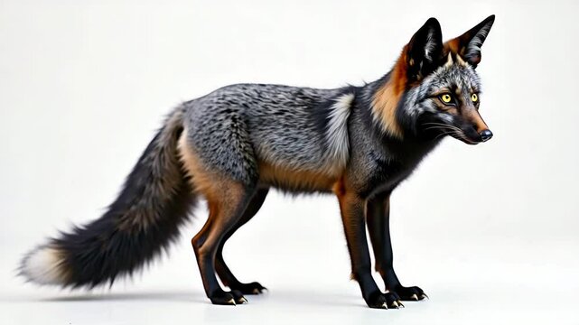 
A black-brown fox looks warily to the side, slightly wagging its tail. A photorealistic scene on a white background for advertising and design solutions.