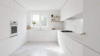 Modern minimalist kitchen with white cabinetry, marble countertops, and natural light from a window.