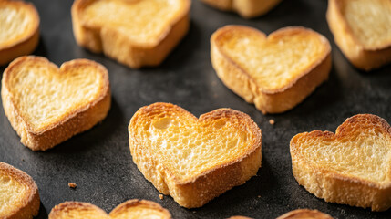Heart shaped toast slices arranged on dark surface create warm and inviting atmosphere, perfect for any meal
