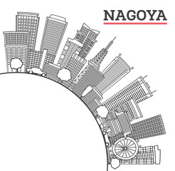 Outline Nagoya Japan City Skyline with Modern Buildings and copy space Isolated on White. Nagoya Cityscape with Landmarks.