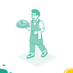 Smiling waiter carrying a tray with a euro coin. Financial metaphor concept. Artwork in green linear style. Isometric outline style.