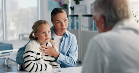Woman, doctor and girl in clinic for medical services, consultation or opinion. People, child and...