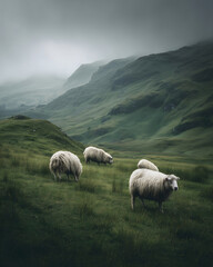 Obraz premium Misty Mountain Pasture Sheep Grazing on Rolling Hills