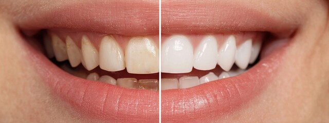 Woman showing teeth whitening before and after treatment