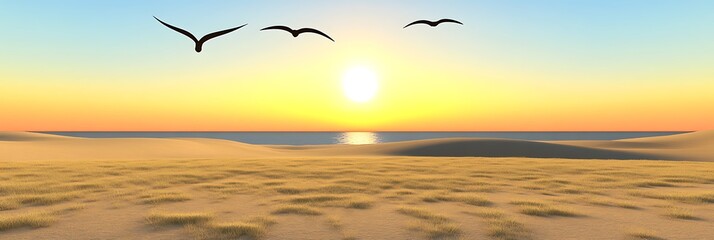 Serene Sunrise Over Desert Dunes with Birds Flying in Sky