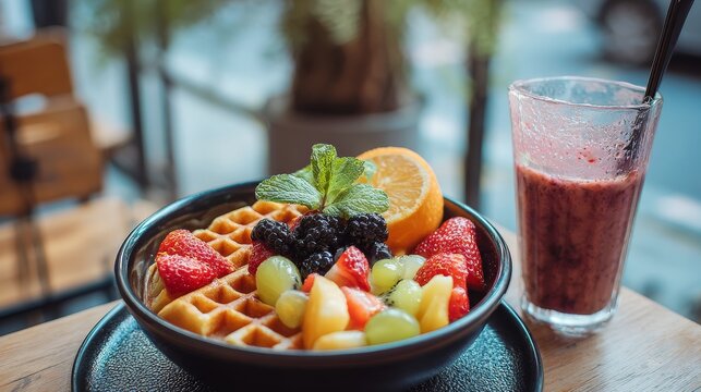 Delicious waffles with mixed fruits and smoothie for a healthy breakfast