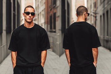 A stylish young man wearing a black oversized t-shirt mockup and sunglasses, standing confidently in an urban alley. The photo captures both front and back views, showcasing modern street fashion.