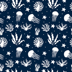 underwater silhouette ocean life seamless pattern