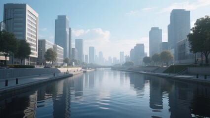 Obraz premium Modern Cityscape with a Central Waterway and Skyscrapers