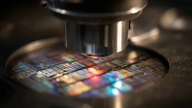 Zooming in on an extreme macro of silicon wafer under microscope with rainbow light diffraction.