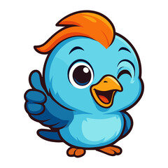 Cheerful cartoon blue bird gives a thumbs up