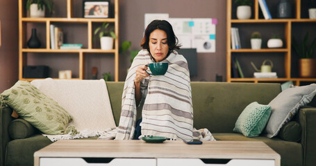 Blanket, sick woman and rest with coffee for virus recovery, cold weather and ginger treatment....
