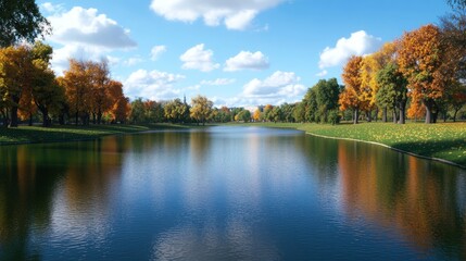 Picturesque lake reflecting autumn foliage and blue sky landscape