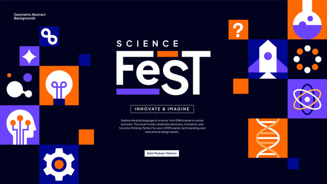 Tech Conference Pattern&ndash;Blue Modular Background with Innovation and Rocket Symbols for Presentations and Branding