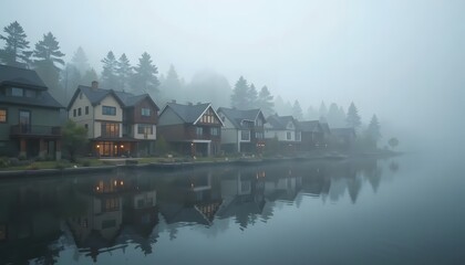 Fototapeta premium Misty lake houses reflect in water on a foggy morning