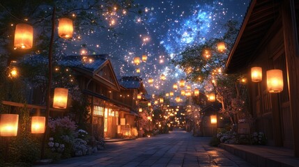 A serene, lantern-lit village street at night, under a starlit sky.  Wooden buildings, hanging lanterns, and blossoming trees create a magical atmosphere