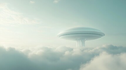 Futuristic, floating city resting on clouds