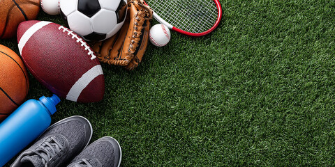 Overhead of Assorted Sports Gear Including Balls and Racket on Green Turf for Athletic Lifestyle and Recreational Activities Still Life with Copy Space