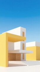 Modern Architectural Structure with Yellow and White Elements Against a Clear Blue Sky