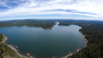 Aerial panoramic view at Henry Hagg Lake - an artificial lake in Washington county, Oregon. Popular place for summer activities