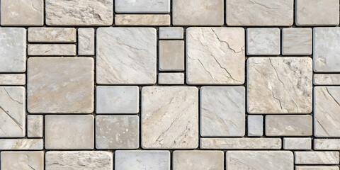 Neutral beige stone tiles in varied rectangular sizes showing natural veining, weathering, and subtle color variations throughout the pattern.
