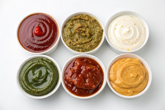 Set of different dip sauces top view. Bowls of many dipping sauces isolated on white background. pesto, ketchup, bbq sauce, mustard, marinara sauce, ranch, romesco, soy sauce. Different sauces set.