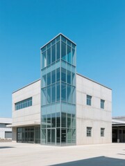 Modern Industrial Building with Glass Tower and Concrete Facade