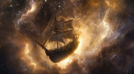 Sailing ship adrift in a cosmic nebula