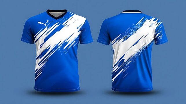 Stylish blue sports jersey design with white abstract graphics.