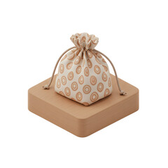 Patterned fabric bag on wooden platform with copy space