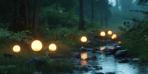 Fototapeta premium Glowing lights path in forest stream at night