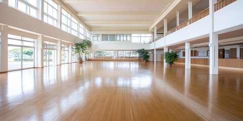 Bright and spacious interior with polished wooden floor and natural light