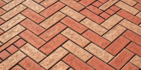 Red clay brick pavers laid in classic herringbone diagonal pattern showing weathered surfaces and traditional craftsmanship.