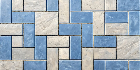Blue and beige ceramic tiles arranged in rectangular pattern creating checkerboard effect with contrasting color scheme.