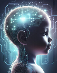 Futuristic illustration of a child with glowing neural circuits integrated into the brain and body. Concept of artificial intelligence, neural networks, and human-machine integration