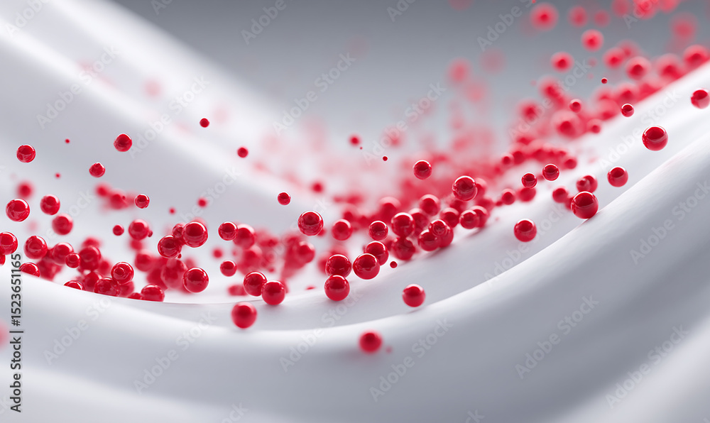 Poster scattered red spheres on flowing white fabric abstract art with smooth curves and soft lighting crea
