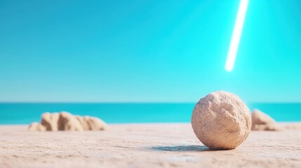Spherical stone on beach sand with light beam background