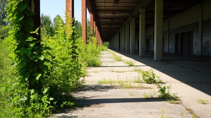 Nature overgrowing abandoned concrete structure with pillars and sunlight