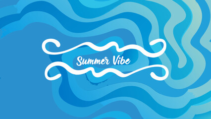 Summer vibe text with decorative swirls on a background of abstract blue waves and gradient patterns design