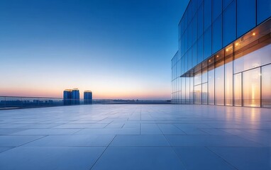 Fototapeta premium Modern glass building exterior at twilight with a clear sky and urban skyline in the background