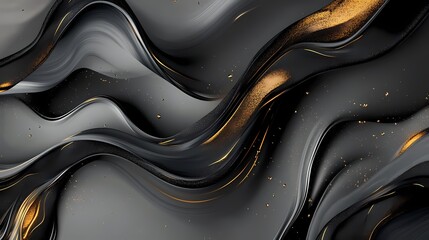 Abstract, layered fluid art with flowing black and charcoal hues, punctuated by sharp gold accents like veins of precious metal embedded in the design. 

