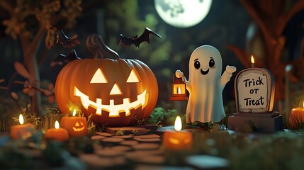 Halloween scene with a friendly ghost, pumpkin, and candles.