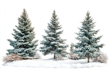 New Year Peaceful Snowy Woods Isolated on White Background, Depth of Field